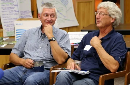 Illinois landowner Marcus Meier (L) with Dick Sloan at a Fishers & Farmers Partnership Watershed Leaders Network workshop, 2016 | Photo: Anne Queenan
