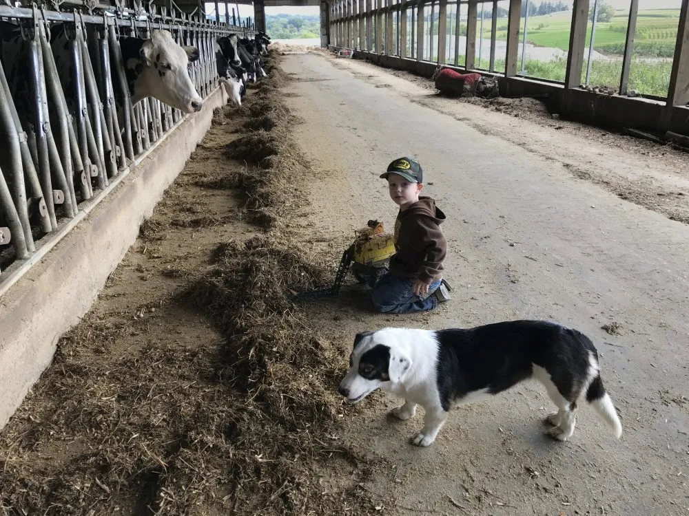 Boy plays in the barn after a long video shoot.