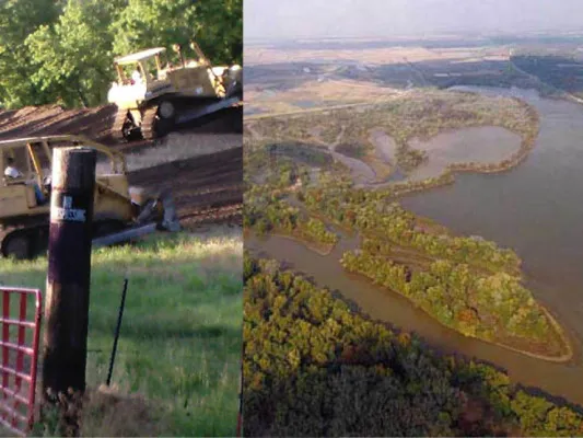 Carefully built and maintained levees protect this stretch of rich Upper Mississippi River Basin land in Marion County, Missouri.