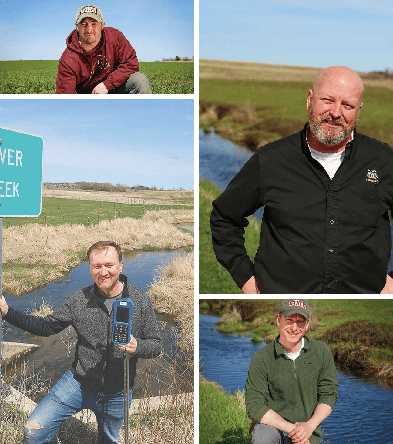 Above, clockwise from top-left: Hunter Slifka has seen cover crop plantings quadruple in the Turkey River watershed. Mike Steuck says practices that control erosion are critical for trout habitat. Brandon Reis believes brook trout provide a barometer of environmental stewardship. Neil Shaffer reports more than $8 million has been invested in conservation practices in Silver Creek watershed since 2012.