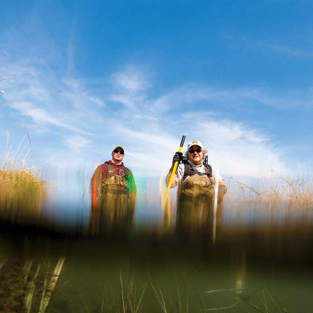 Theresa Shay delivers a minuscule jolt of electricity to a Howard County, Iowa stream so that Hunter Slifka can net and measure brook trout before returning them to the stream.