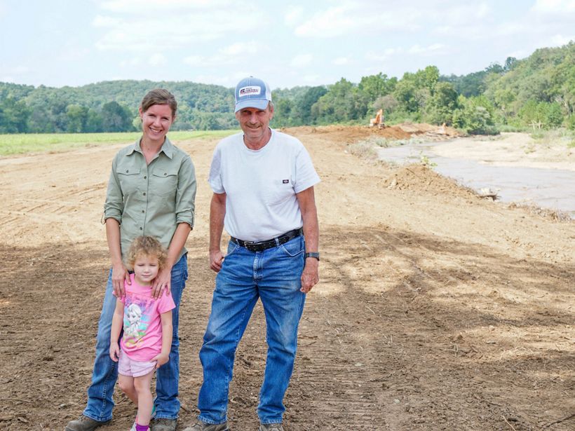 Landowners Rachel Hopkins and Steve Yokom worked with local Huzzah/Shoal Creek Woodlands for Wildlife partners to rebuild a long stretch of Huzzah Creek shoreline. Photo: The Nature Conservancy